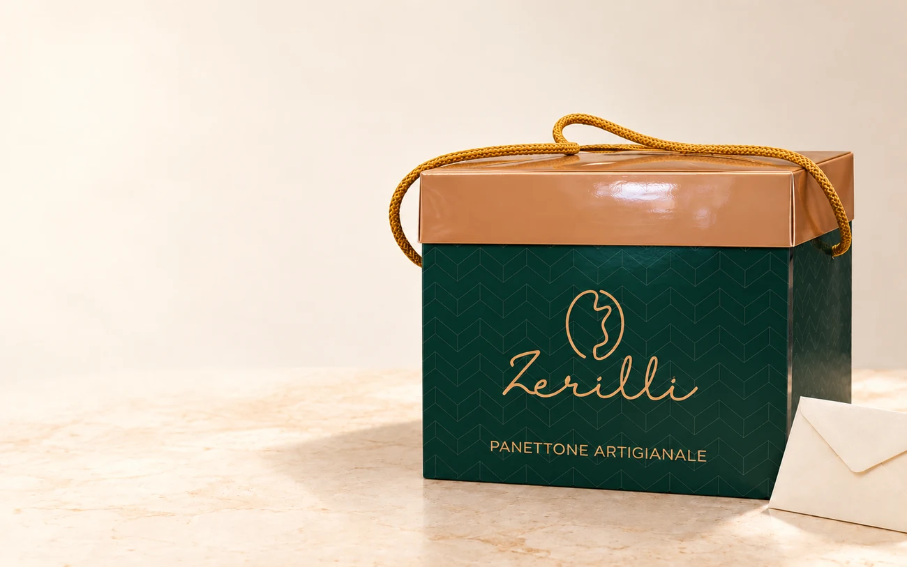 Confezione verde e oro Zerilli con corda e biglietto di auguri