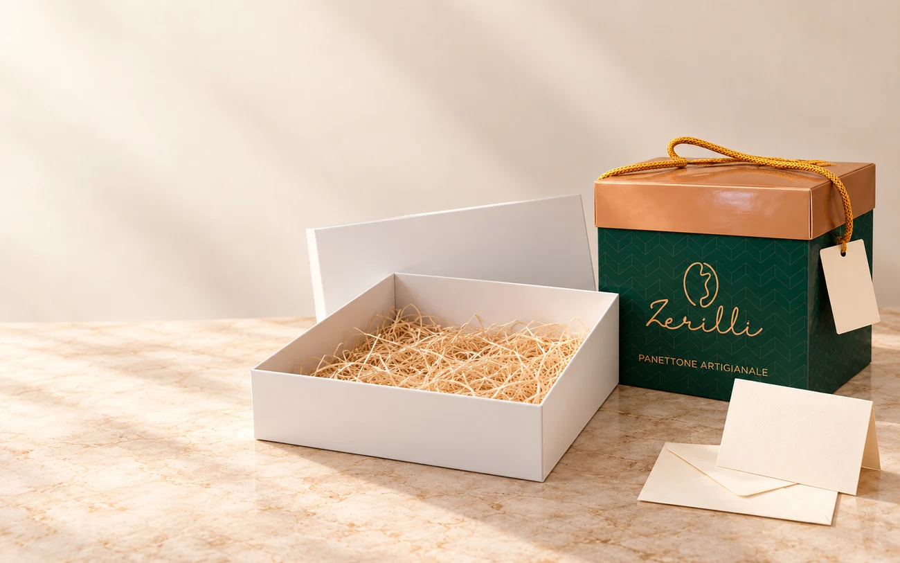 Esempio di confezione da comporre con panettone e prodotti del laboratorio